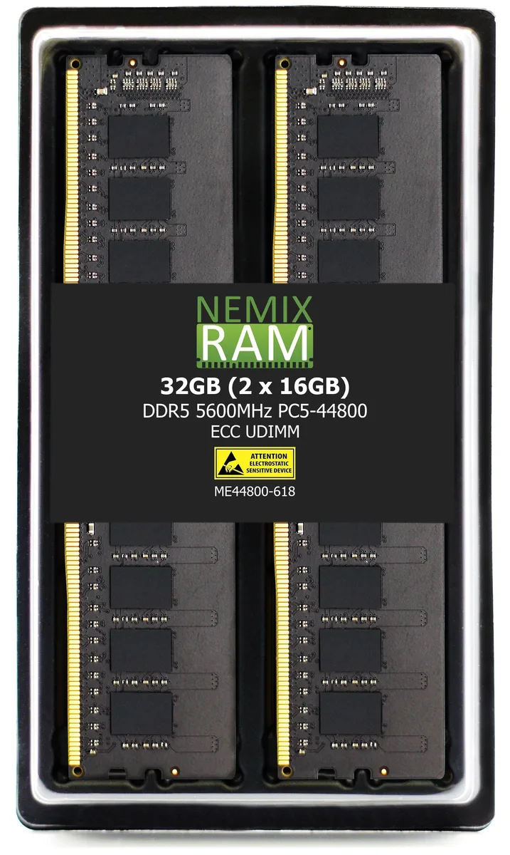 Two green DDR5 UDIMM sticks without heat spreaders, 32GB kit