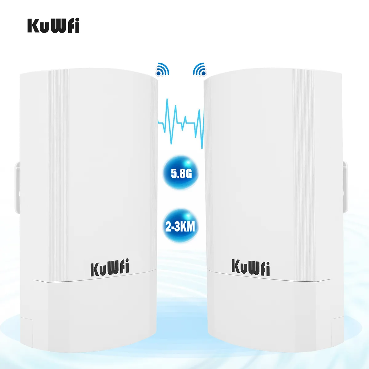 Two white rectangular outdoor wireless bridge units with integrated panel antennas and mounting hardware