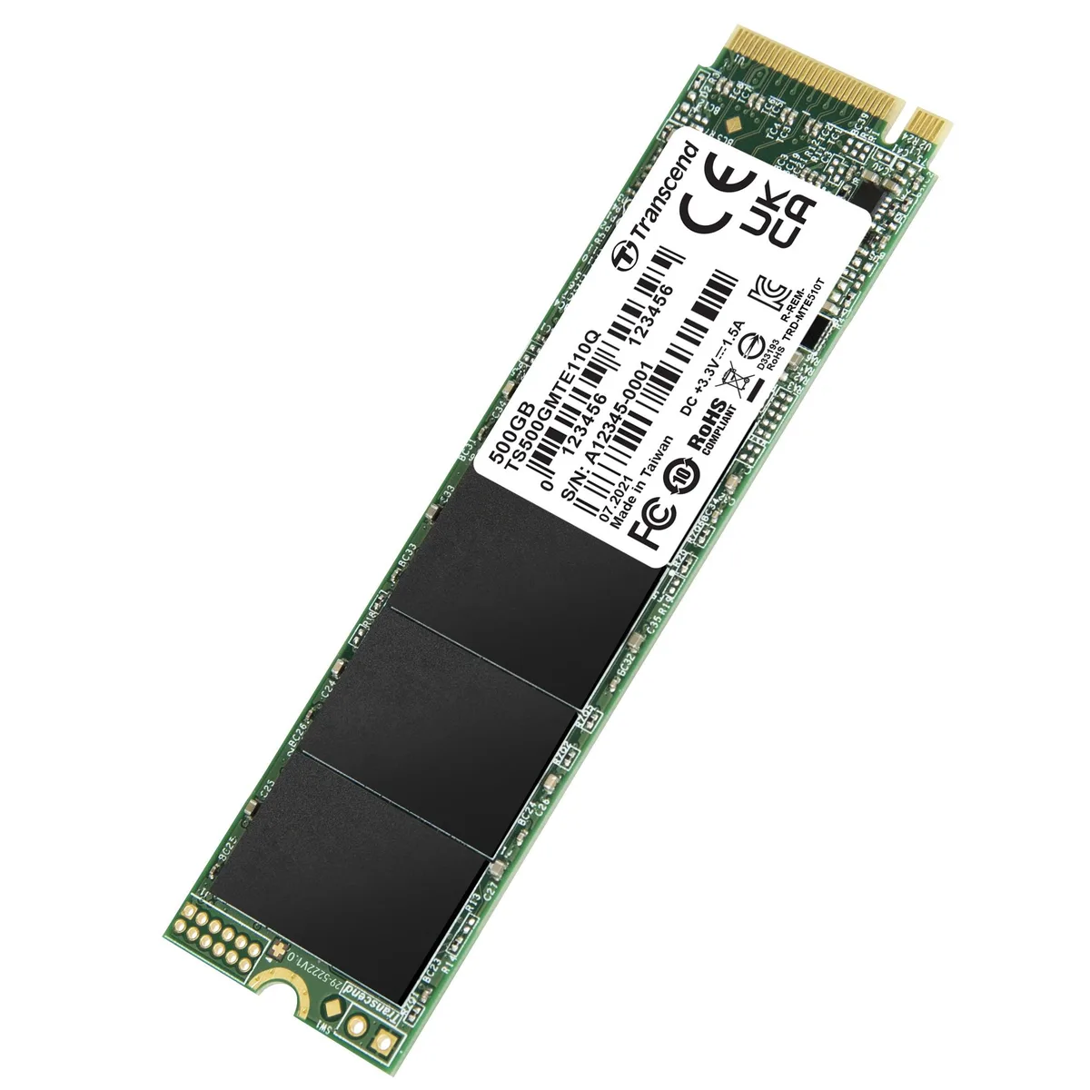 Green rectangular M.2 2280 SSD with black label and gold edge connector