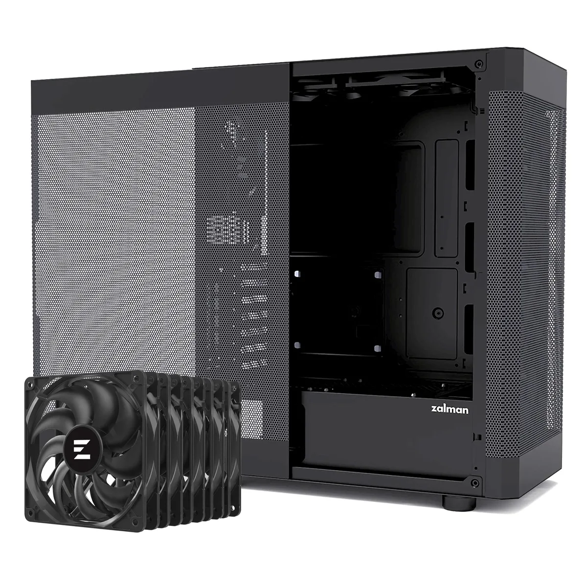 Black steel mid-tower with full mesh front, six non-LED 120mm fans visible, vertical GPU bracket installed
