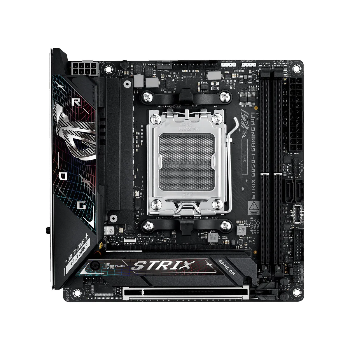 Square mini-ITX motherboard, dark PCB with silver heatsinks and ROG branding
