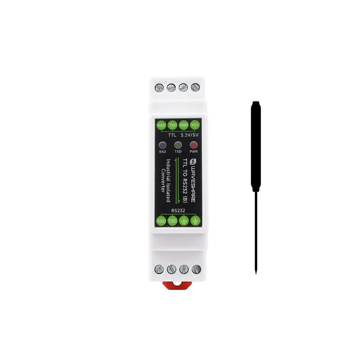 Green rectangular circuit board with screw terminals and rail-mount clips