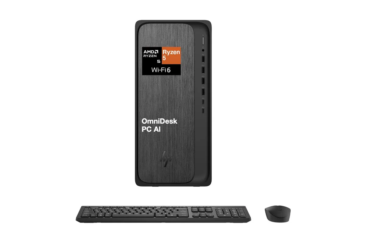 HP OmniDesk tower in gray wood finish, compact vertical chassis