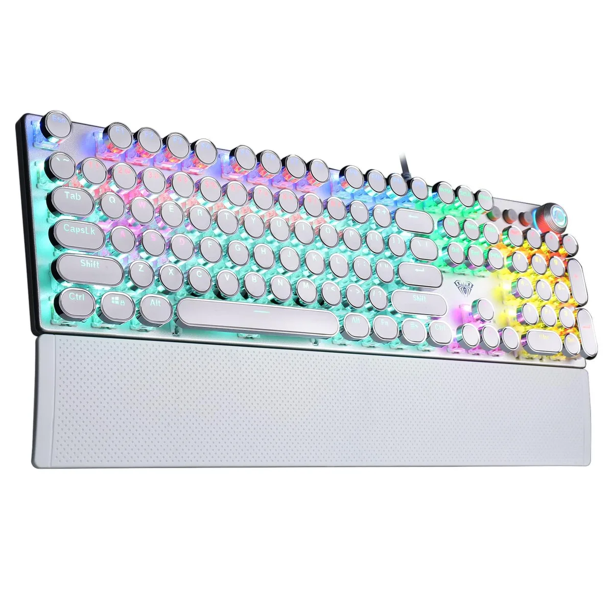 White retro typewriter mechanical keyboard with round keycaps, metal top panel, side volume knob, and magnetic wrist rest