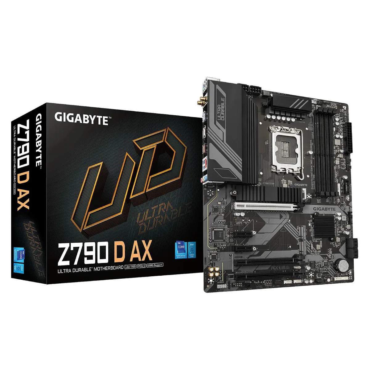 Full-size ATX motherboard, dark PCB with silver heatsinks and rear I/O shield