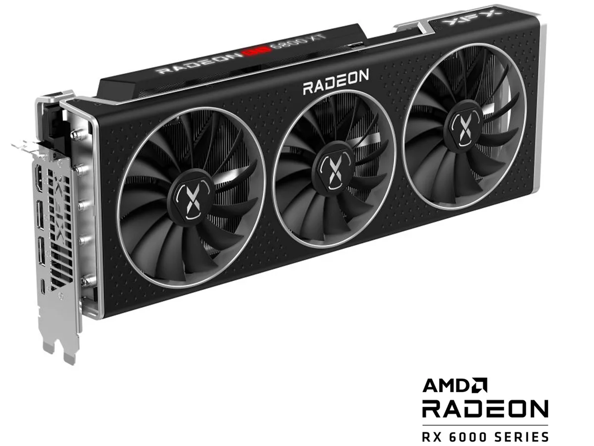 Black triple-fan graphics card with silver accents and backplate
