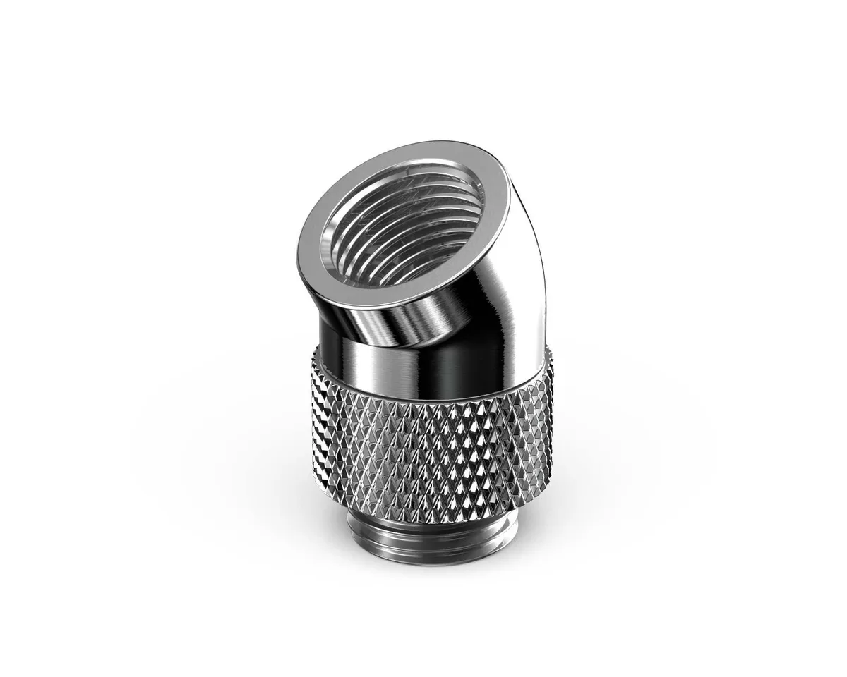 Silver nickel rotary elbow fitting with male and female G 1/4 threads, 30 degree angle