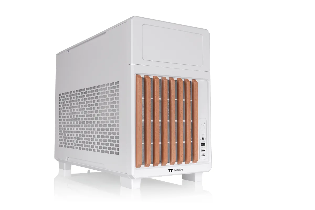 White micro-ATX tower with wood front trim and mesh side panel
