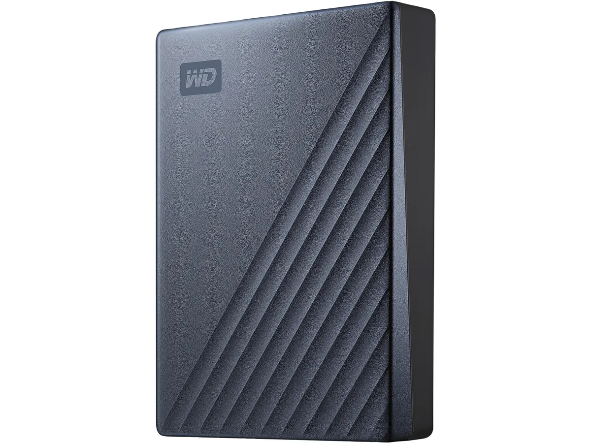 Blue rectangular portable hard drive with metal cover, USB-C cable and adapter