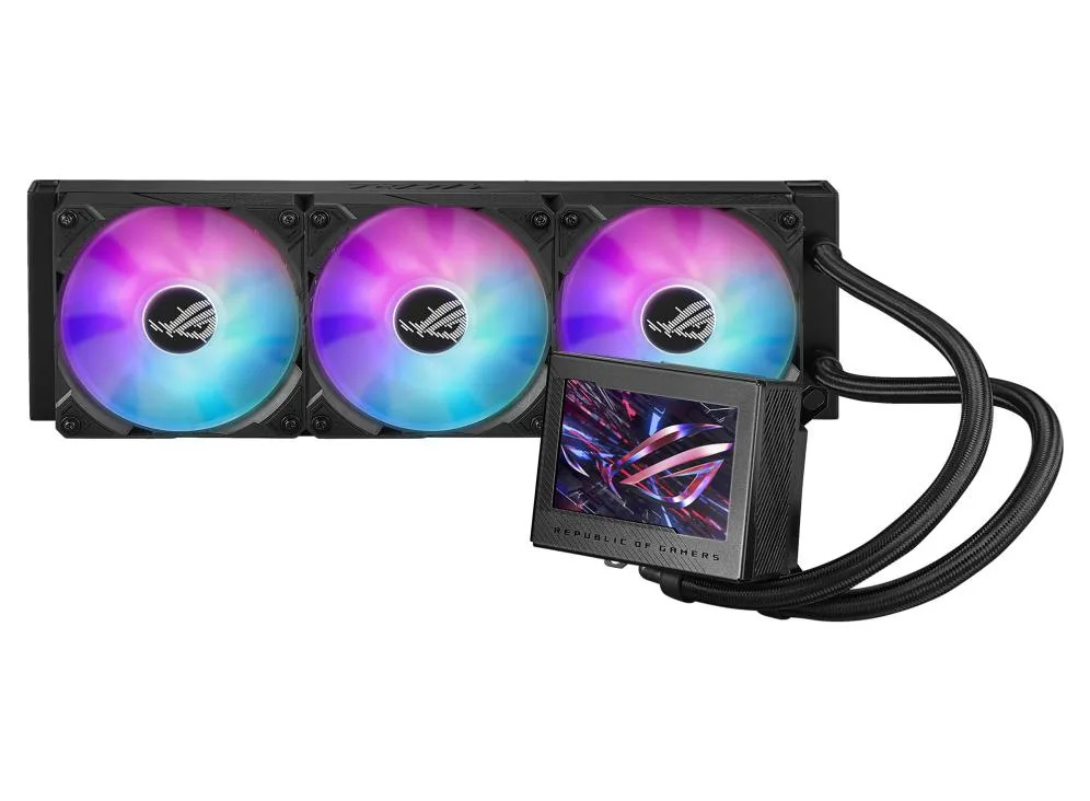 Black all-in-one liquid cooler with 3.5 inch LCD screen and three 120 mm ARGB fans