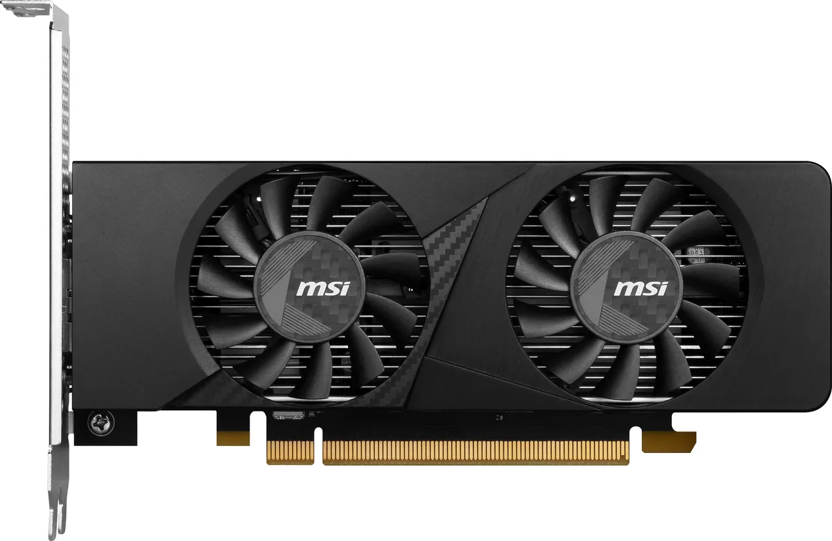 Black low-profile graphics card with two fans and metal bracket
