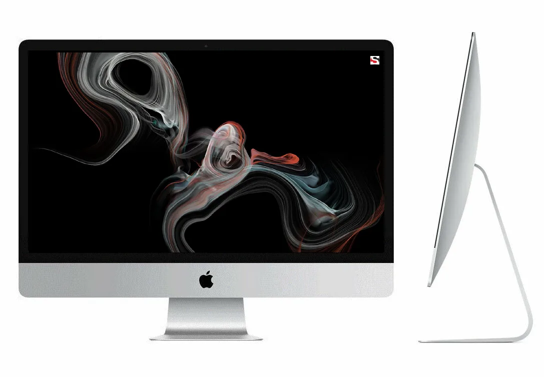 Silver aluminium all-in-one with 27 inch Retina 5K display, keyboard and mouse