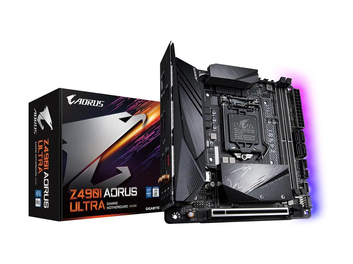 Compact Mini-ITX board, dark matte finish with silver heatsinks and integrated rear I/O shield