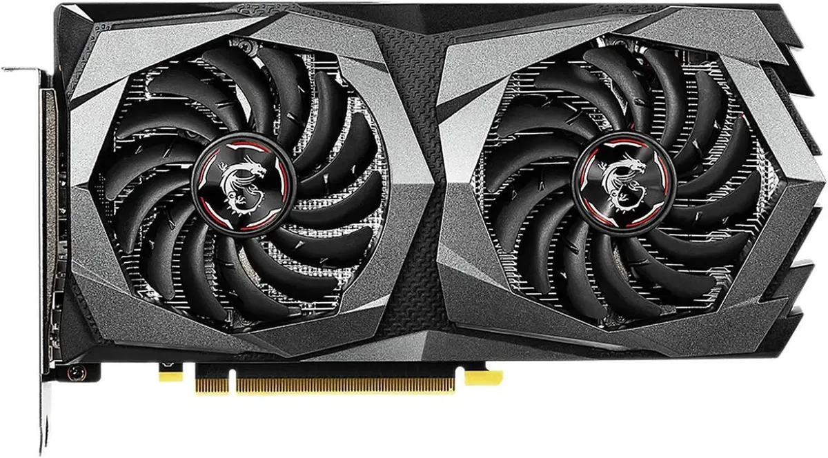 MSI GeForce GTX 1650 GAMING X 4G graphics card with dual fans, black and gunmetal grey shroud, brushed metal backplate, RGB lighting