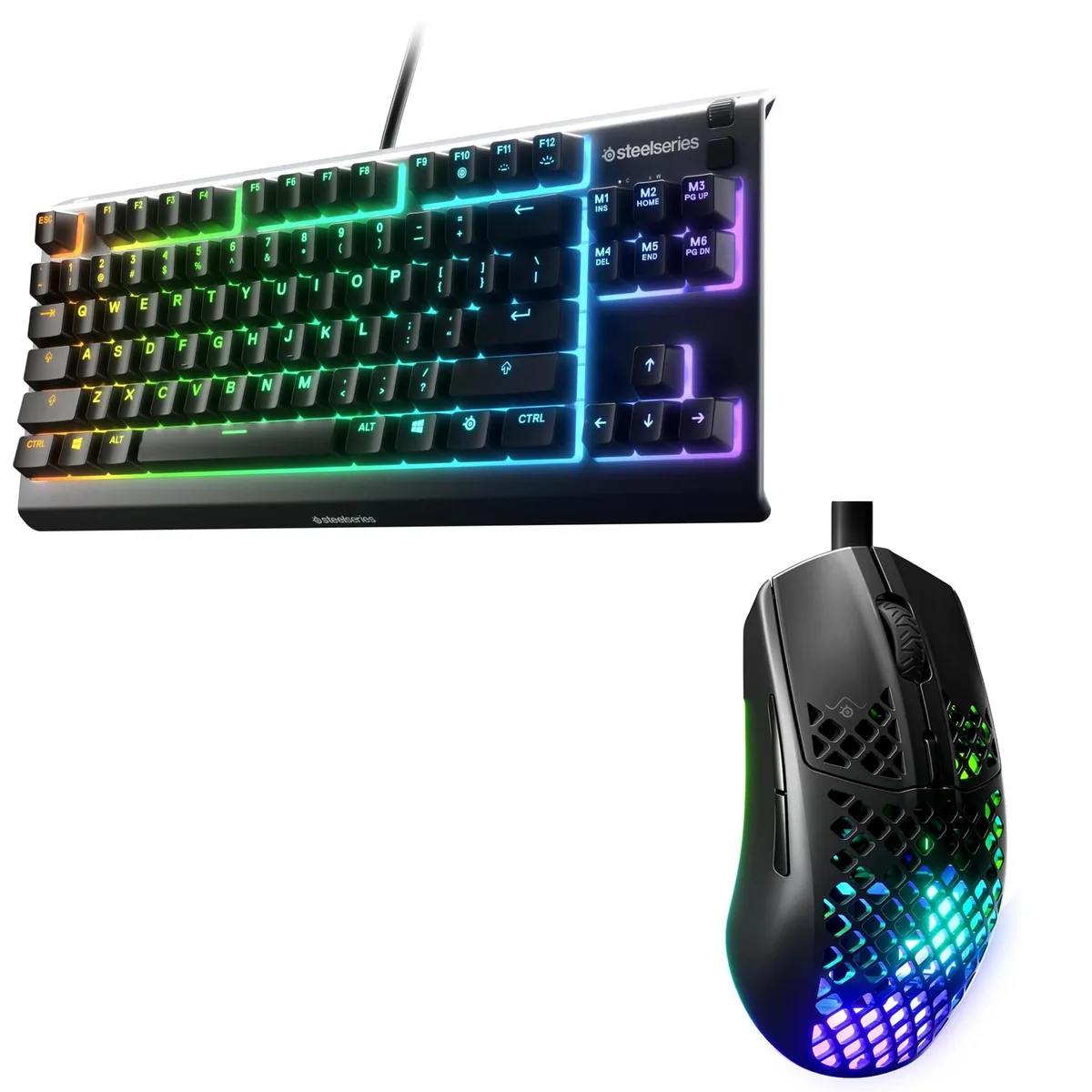 SteelSeries Apex 3 TKL keyboard and Aerox 3 mouse set, tenkeyless keyboard with RGB zones, holey lightweight mouse in black