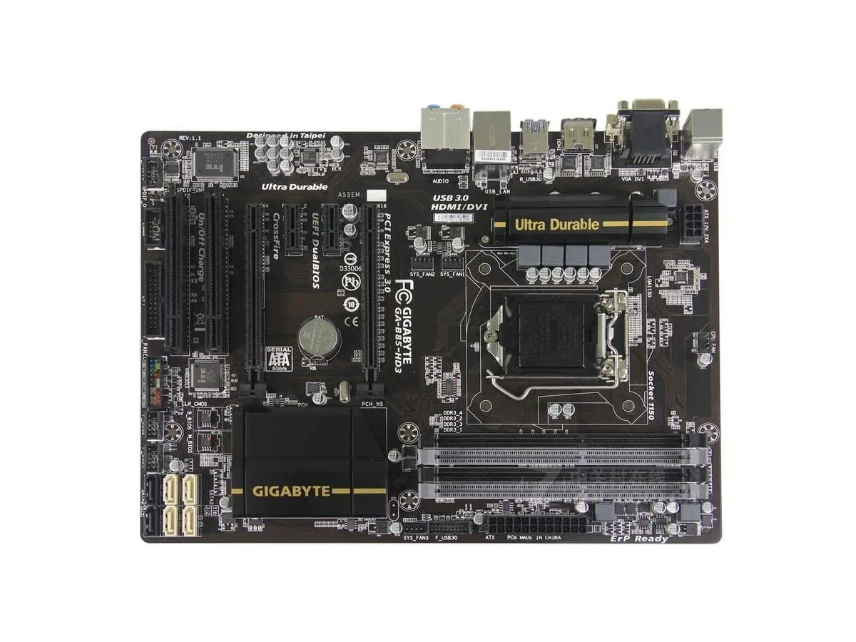 Rectangular ATX motherboard, dark PCB with silver and black ports, four DDR3 slots, LGA 1150 socket, multiple SATA connectors