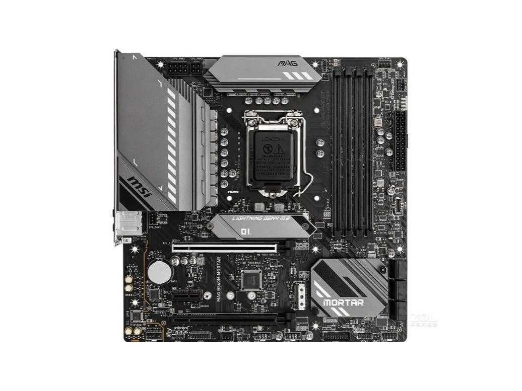 Rectangular micro-ATX board, black PCB with silver heatsinks and reinforced PCIe slots