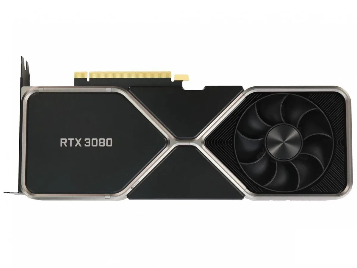NVIDIA GeForce RTX 3080 Founders Edition graphics card with dual axial fans and silver metal shroud