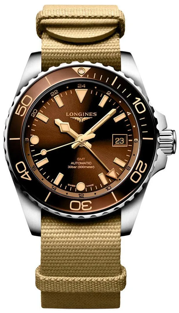 Longines Longines HydroConquest GMT Automatic 41 mm Stainless Steel Brown Dial Beige NATO Nylon Strap L3.790.4.66.2 — product photo