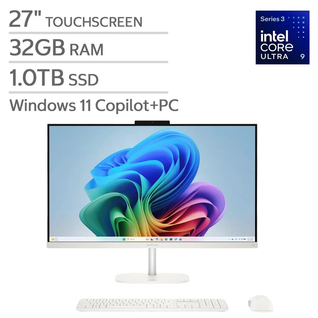 HP OmniStudio 27 inch touchscreen all-in-one desktop with white wireless keyboard and mouse