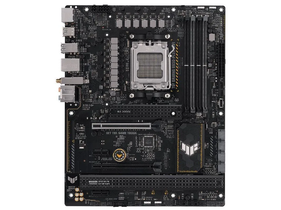 ATX motherboard with black PCB and yellow accents, AM5 socket, DDR5 slots, heatsinks, Wi-Fi antenna ports