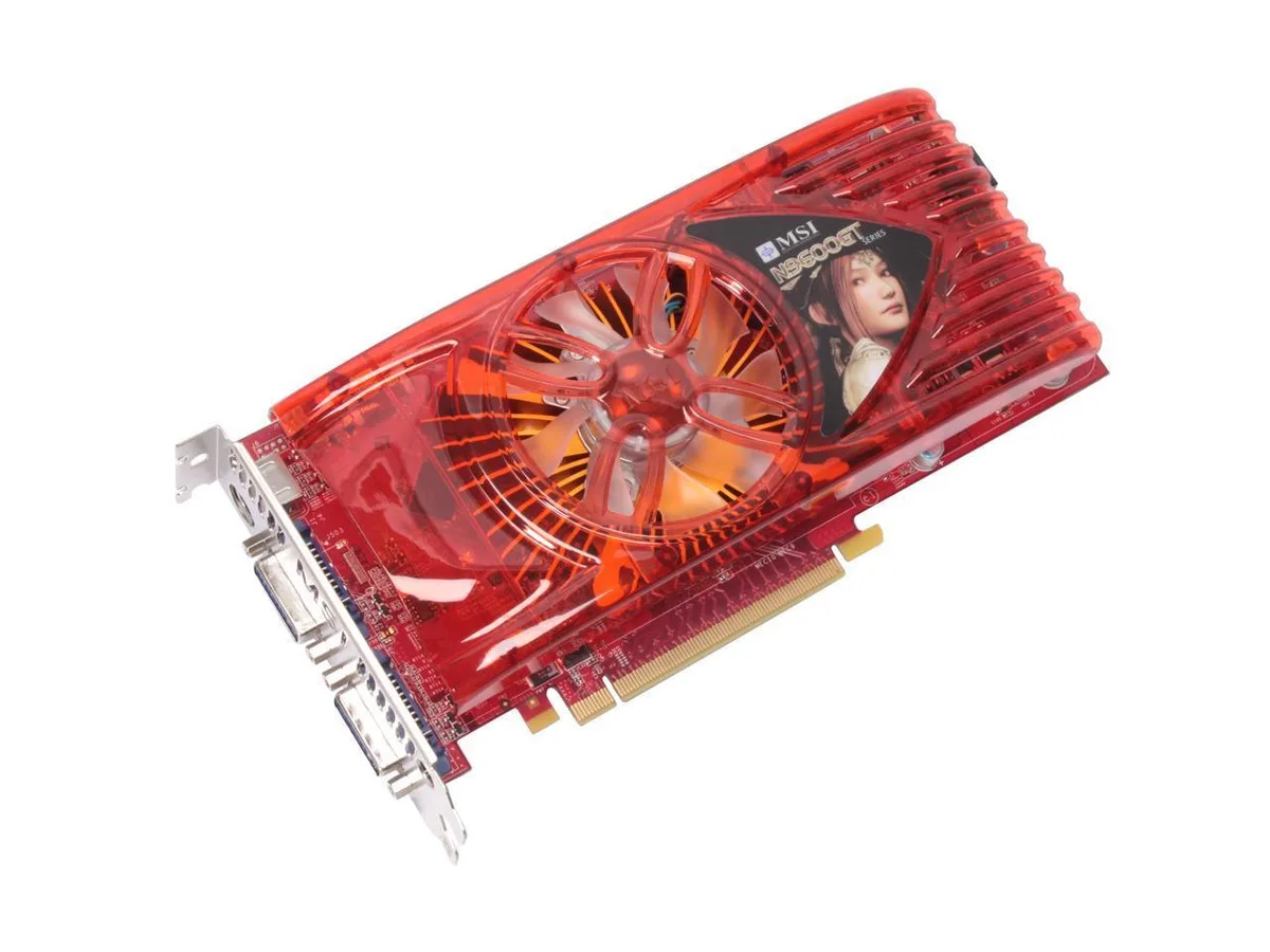 MSI GeForce 9600 GT graphics card with dual-slot cooler, two DVI ports and HDMI adapter