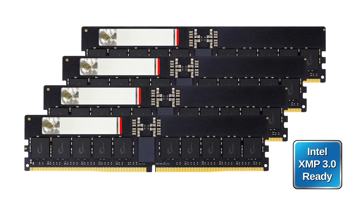 Four green DDR5 R-DIMM modules with black heatspreaders