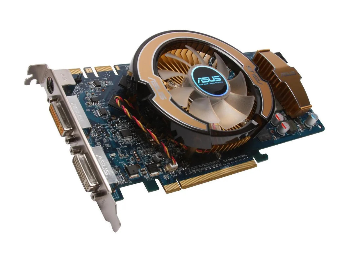 ASUS GeForce 9800 GT graphics card with dual-slot cooler, two DVI ports and HDMI adapter