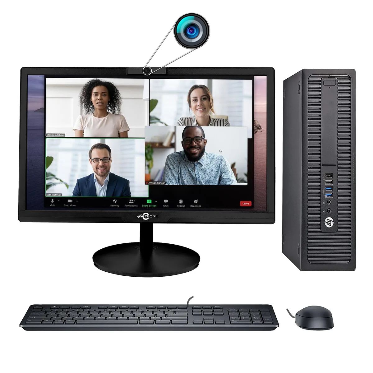 Black HP EliteDesk 800 G2 small-form-factor desktop with 20-inch monitor, wireless keyboard and mouse