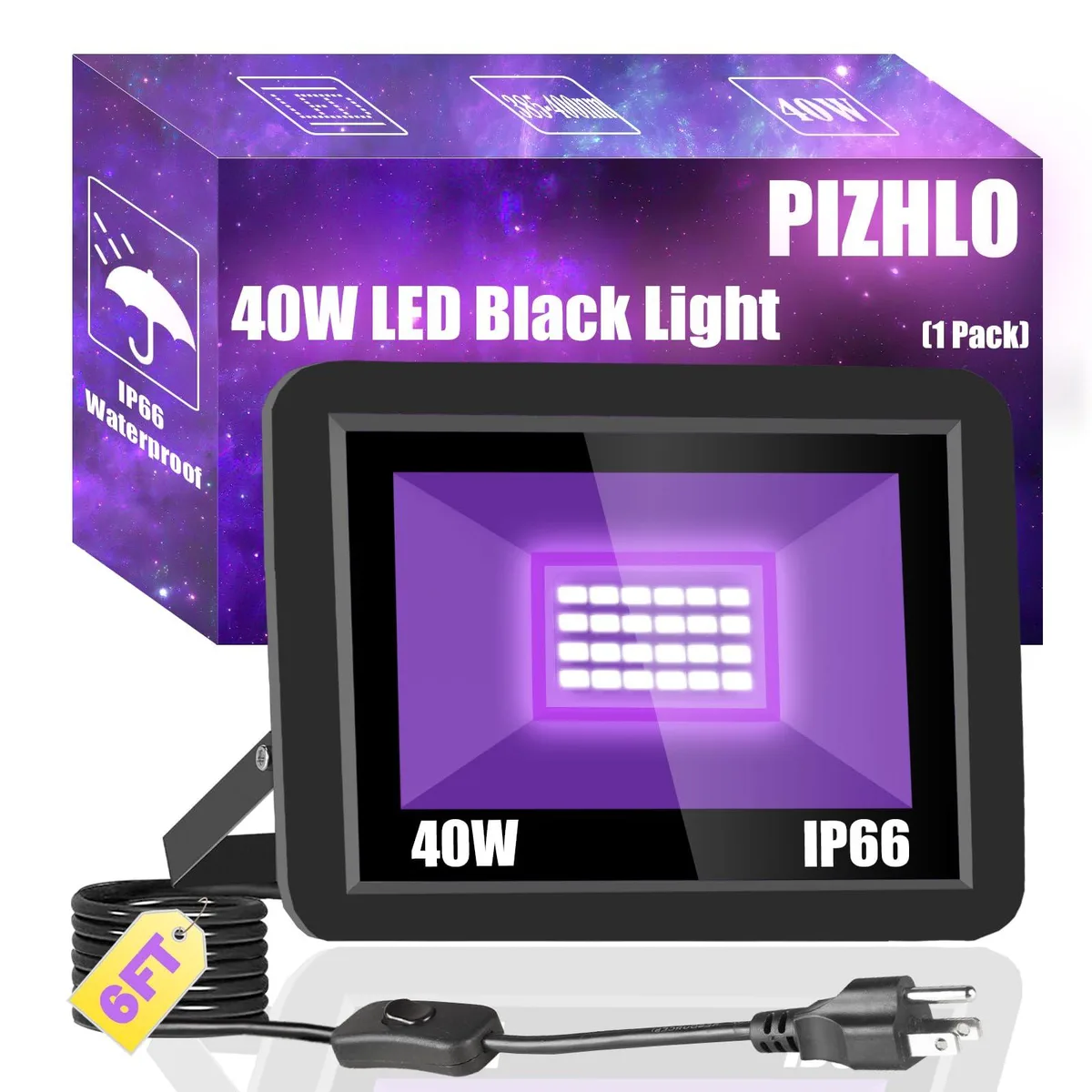 PIZHLO 40W Black Light Flood IP66 6ft Cord Plug Switch — termékfotó