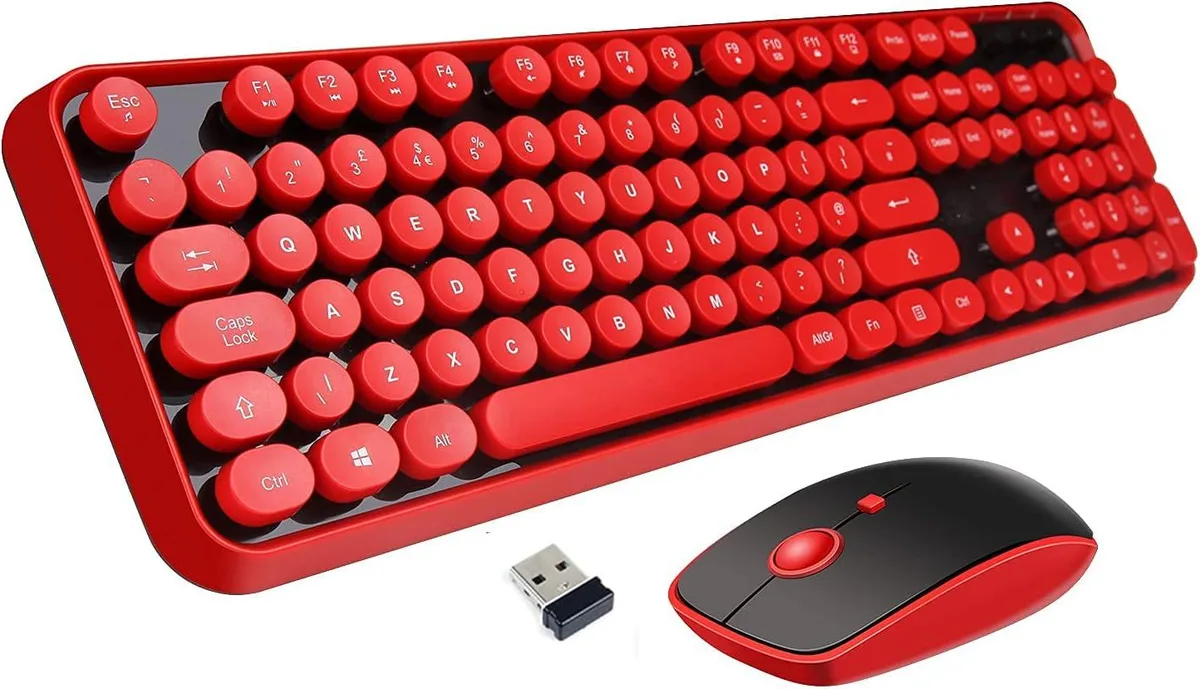 Red wireless gaming keyboard with round bubble keycaps and matching mouse