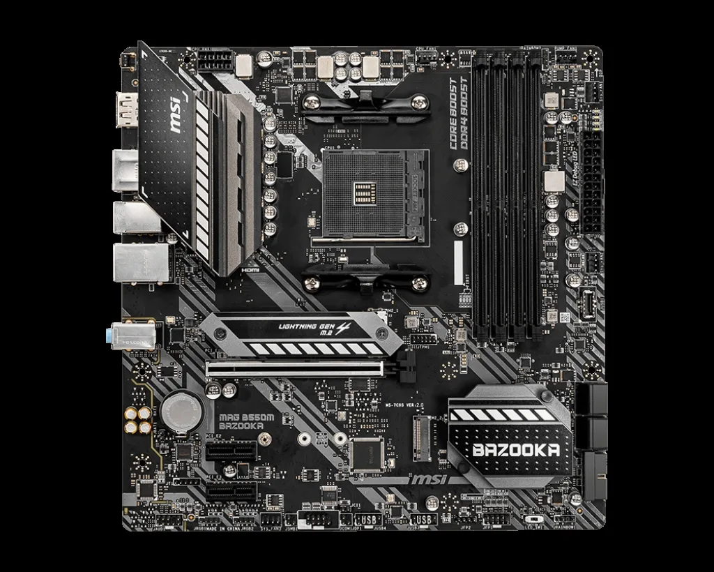 Green micro-ATX motherboard with black heatsinks and silver I/O shield