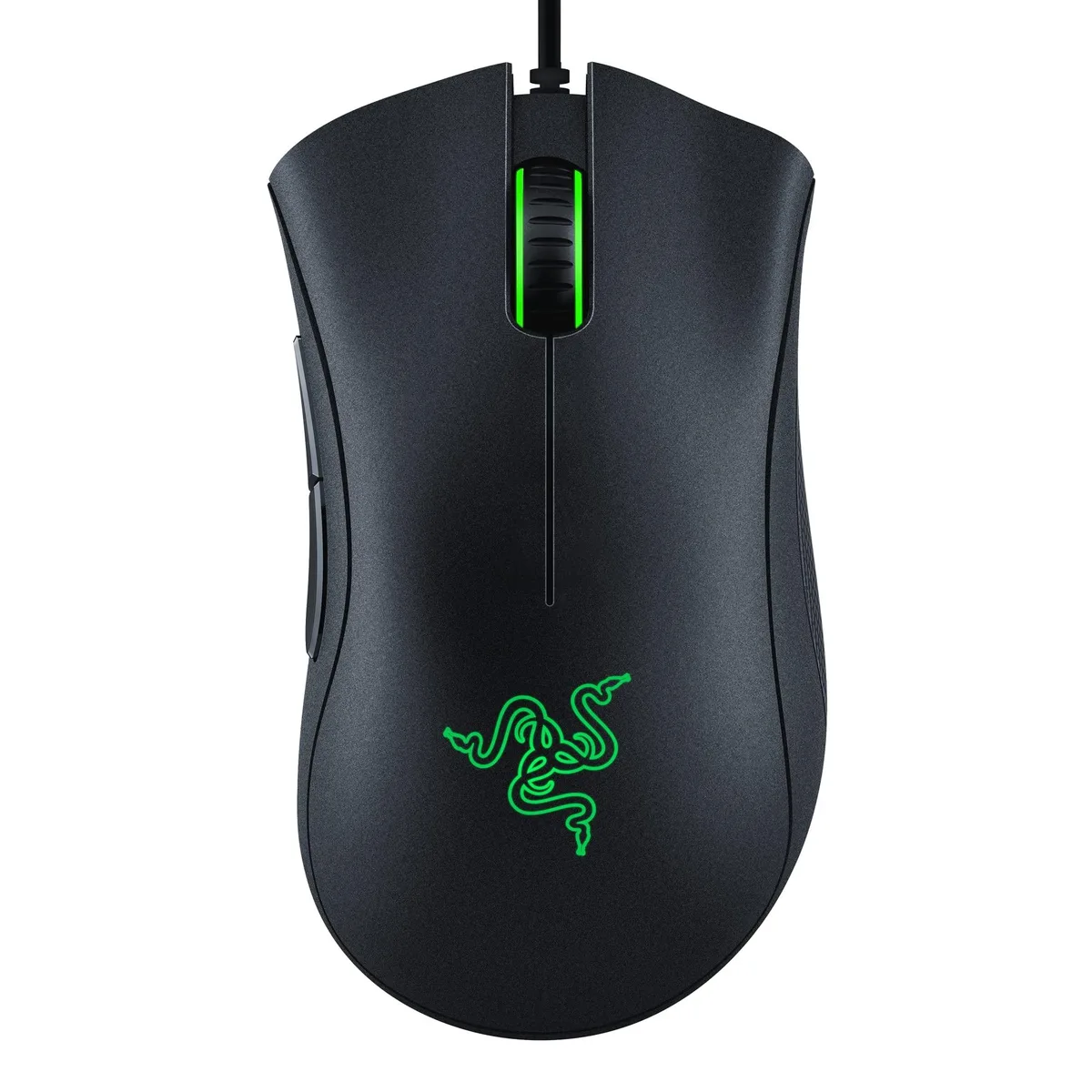 Right-handed black wired gaming mouse with rubber side grips and five buttons