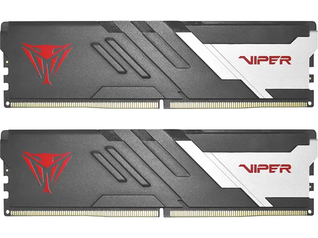 Two matte black DDR5 modules with aluminium heat spreaders and red viper logo