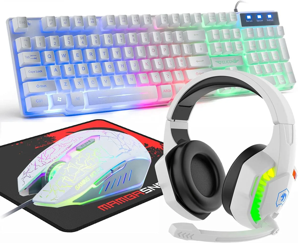 White wired gaming keyboard, mouse, headset and mouse pad combo with rainbow backlighting