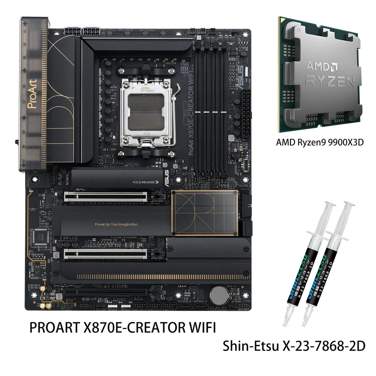 ATX motherboard in dark finish with large CPU cooler and prominent heatsinks