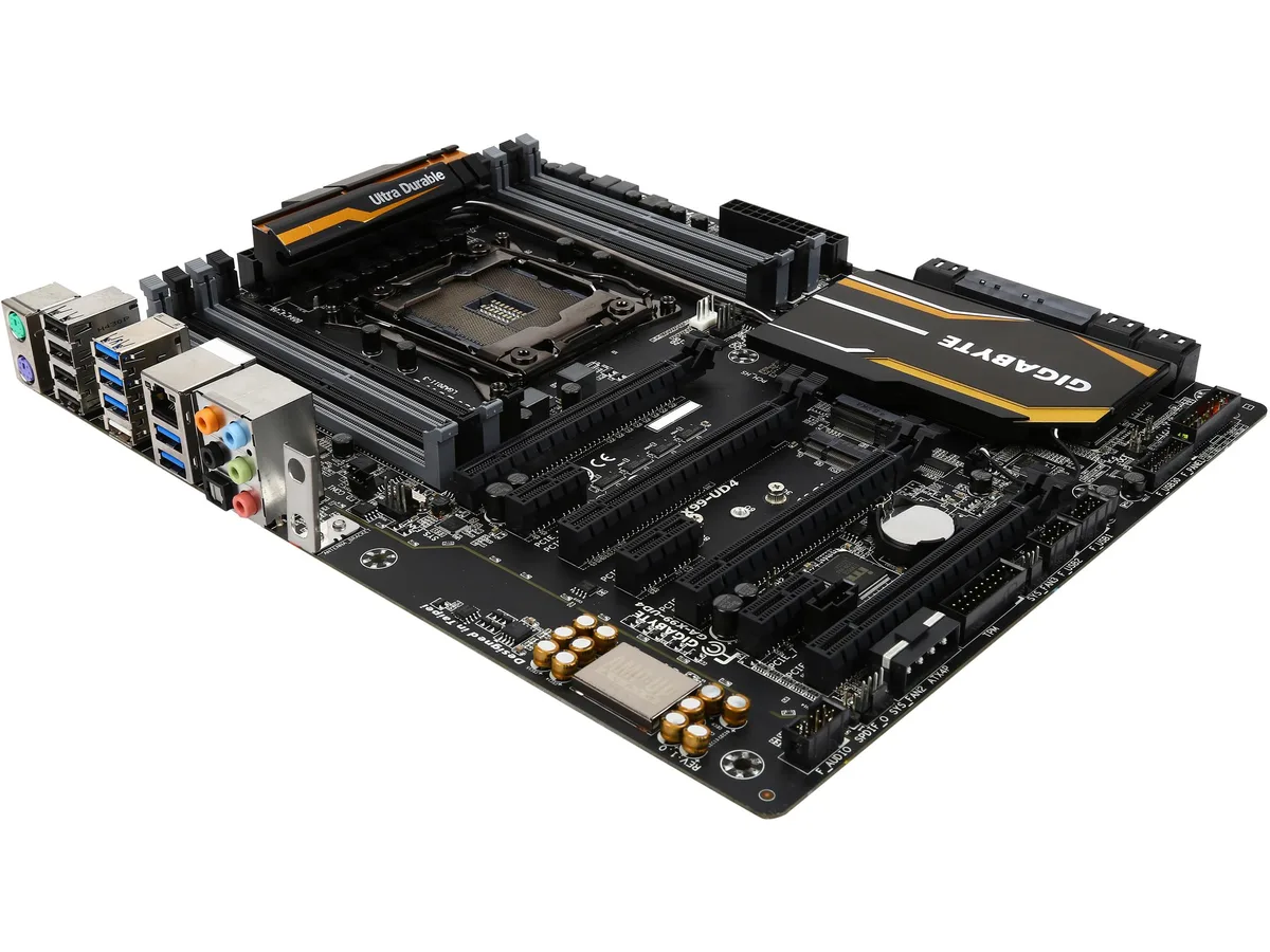 Black ATX motherboard with silver heatsinks, eight DDR4 slots and two full-length PCIe x16 slots