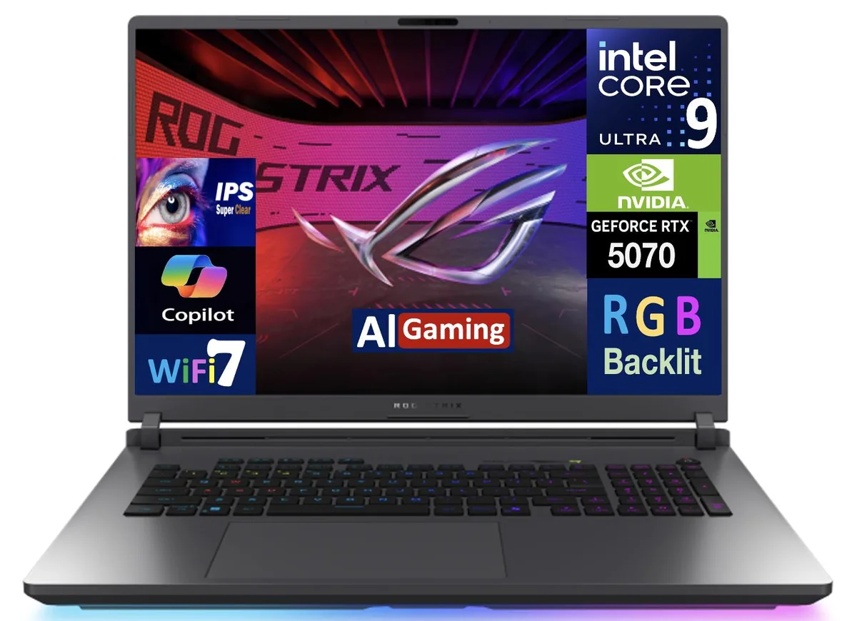 Gray 18 inch gaming laptop with RGB keyboard open on a desk