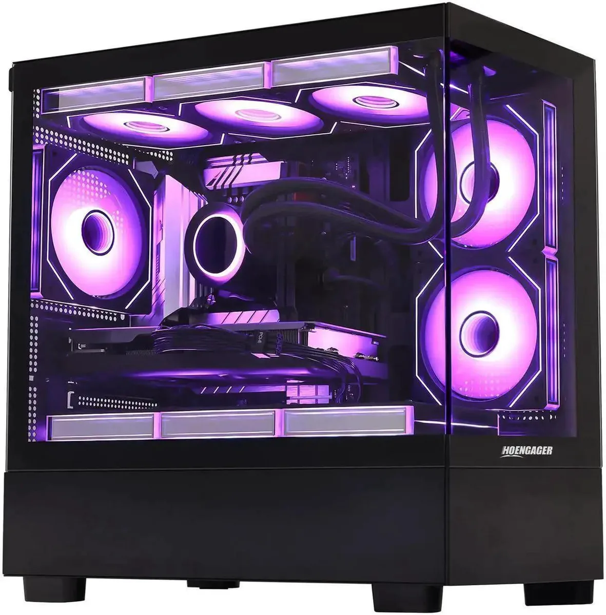 Black mid-tower gaming desktop with liquid cooling and RGB lighting