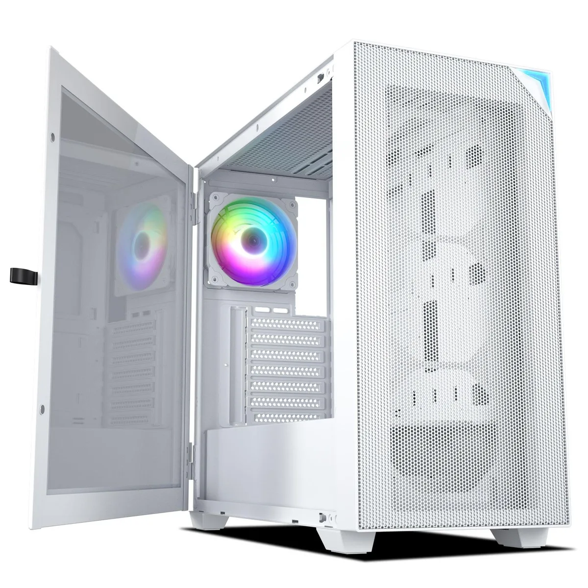 White full-tower case with mesh front panel, tempered glass side window and top I/O ports
