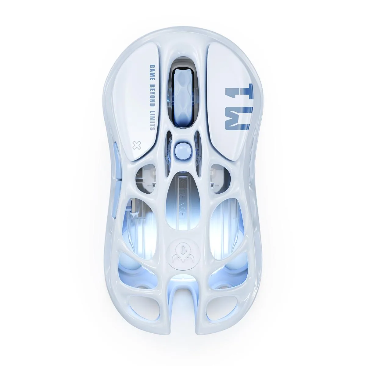 Ice Blue gaming mouse with skeletal magnesium alloy shell