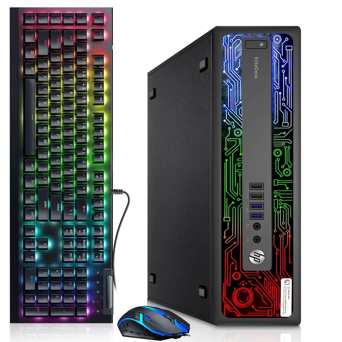 Black HP EliteDesk 800 G2 small-form-factor desktop with RGB keyboard and mouse