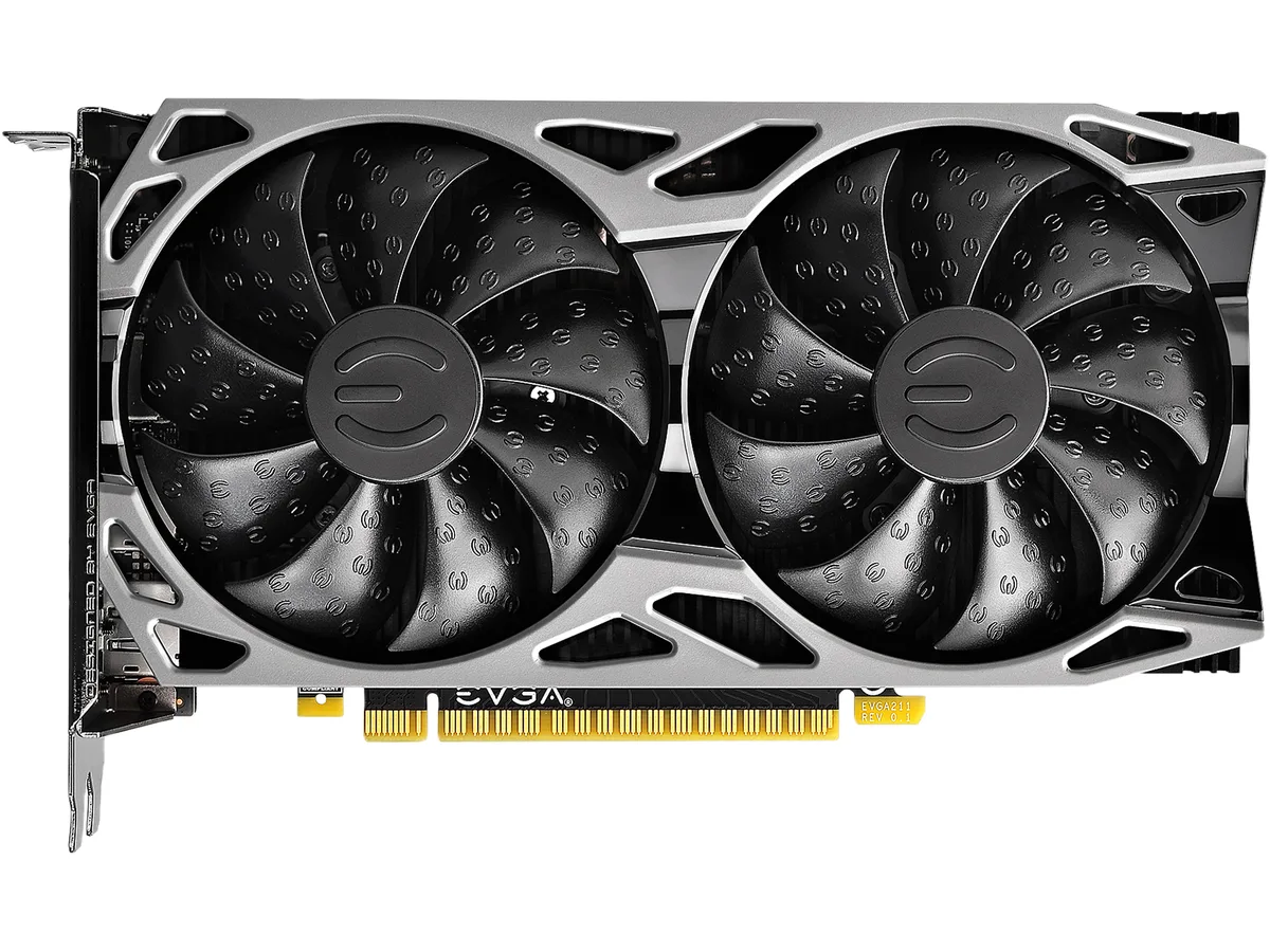 Black dual-fan graphics card with metal backplate