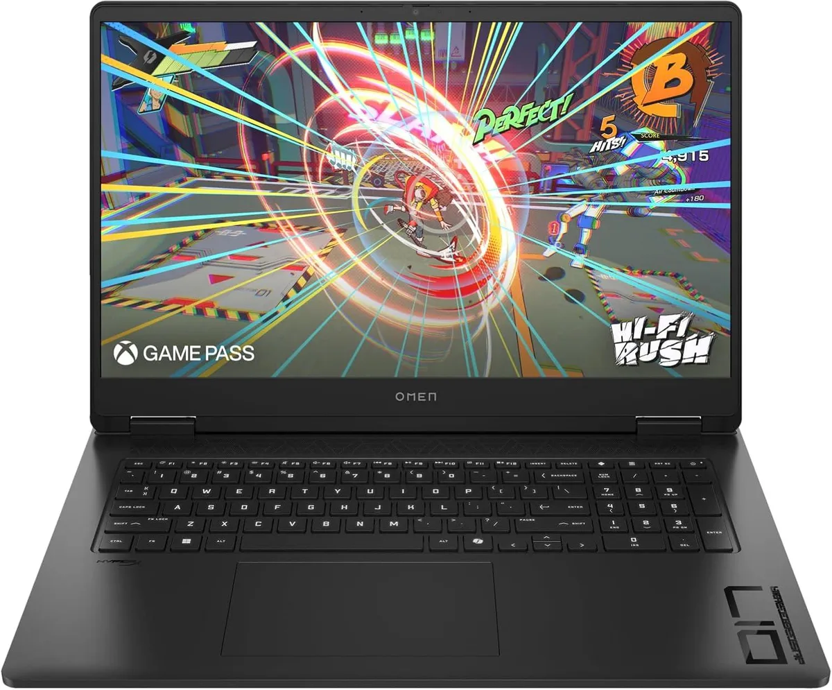 Black HP OMEN 17 gaming laptop, 17.3 inch non-touch FHD display, full-size single-zone RGB backlit keyboard with numpad