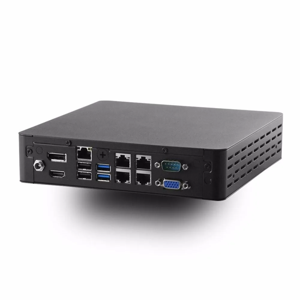 Compact black Mini PC server, 1.8 by 7.7 by 7.7 inches, external power adapter included
