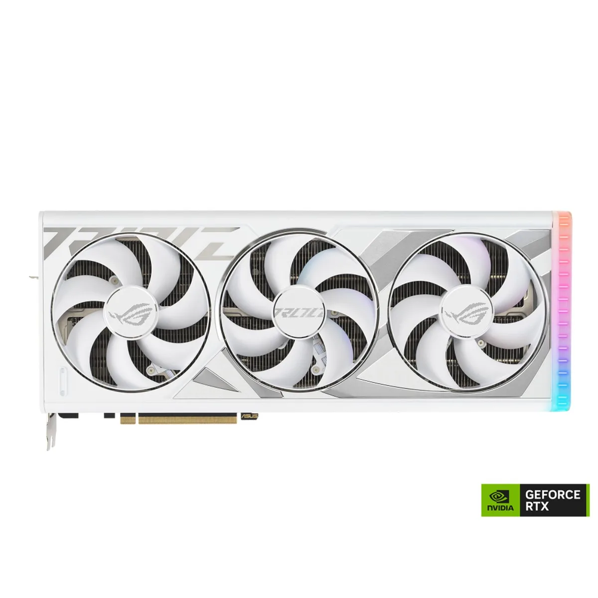 White triple-fan graphics card with vapor chamber cooling and diecast backplate