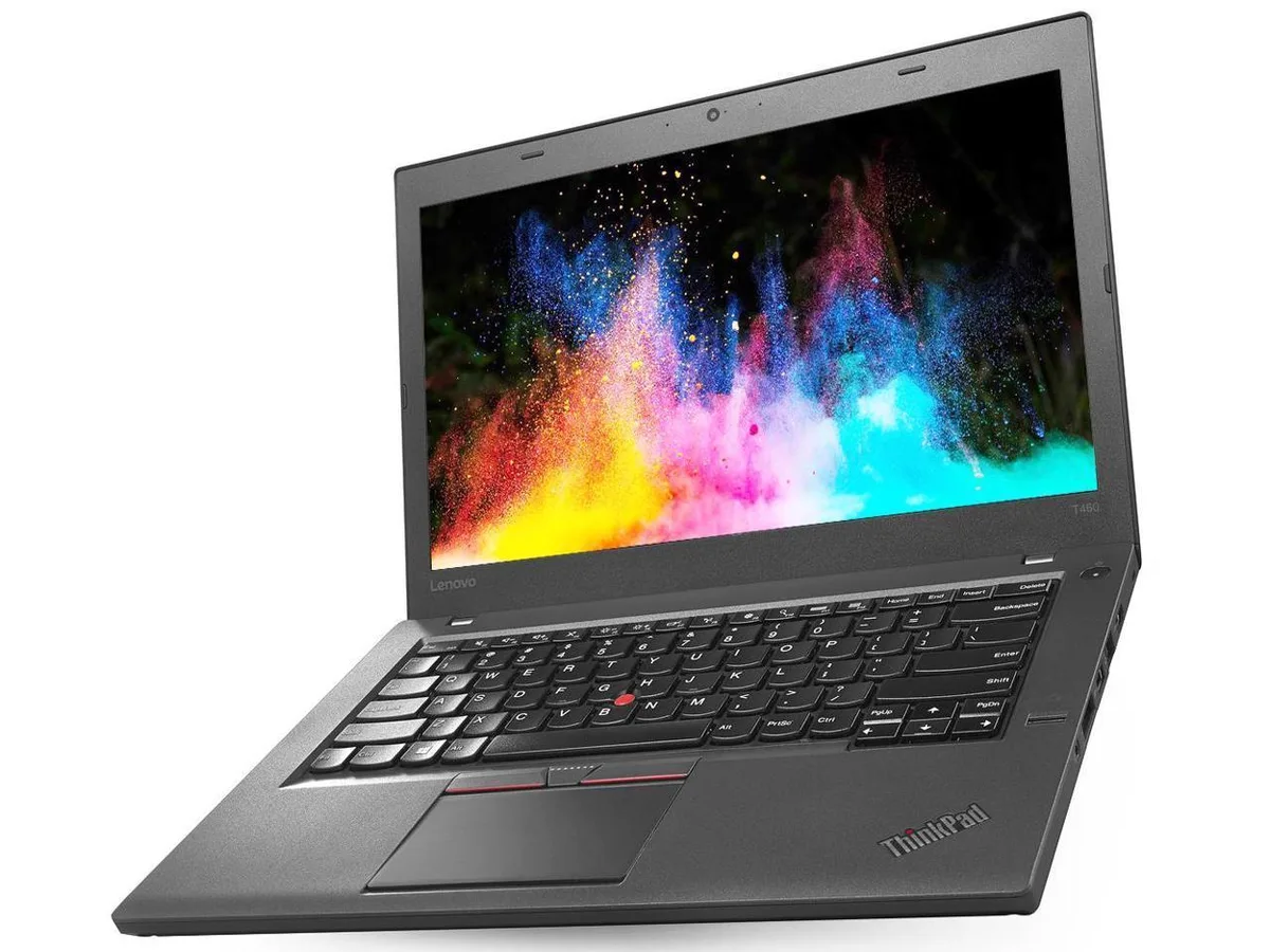 Black 14-inch ThinkPad T460 ultrabook with carbon-fibre lid, backlit keyboard, fingerprint reader and webcam