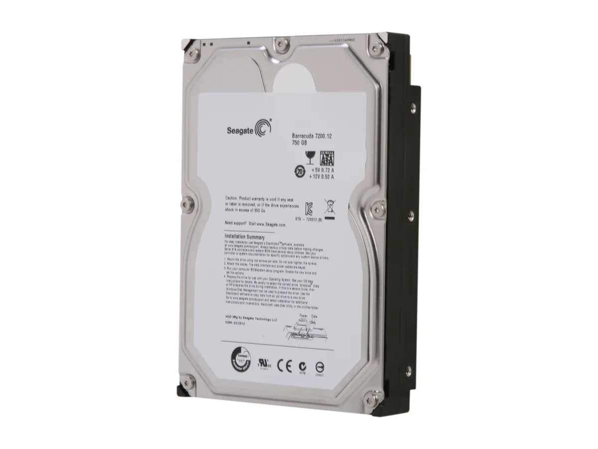 Silver 3.5 inch bare hard drive with exposed circuit board