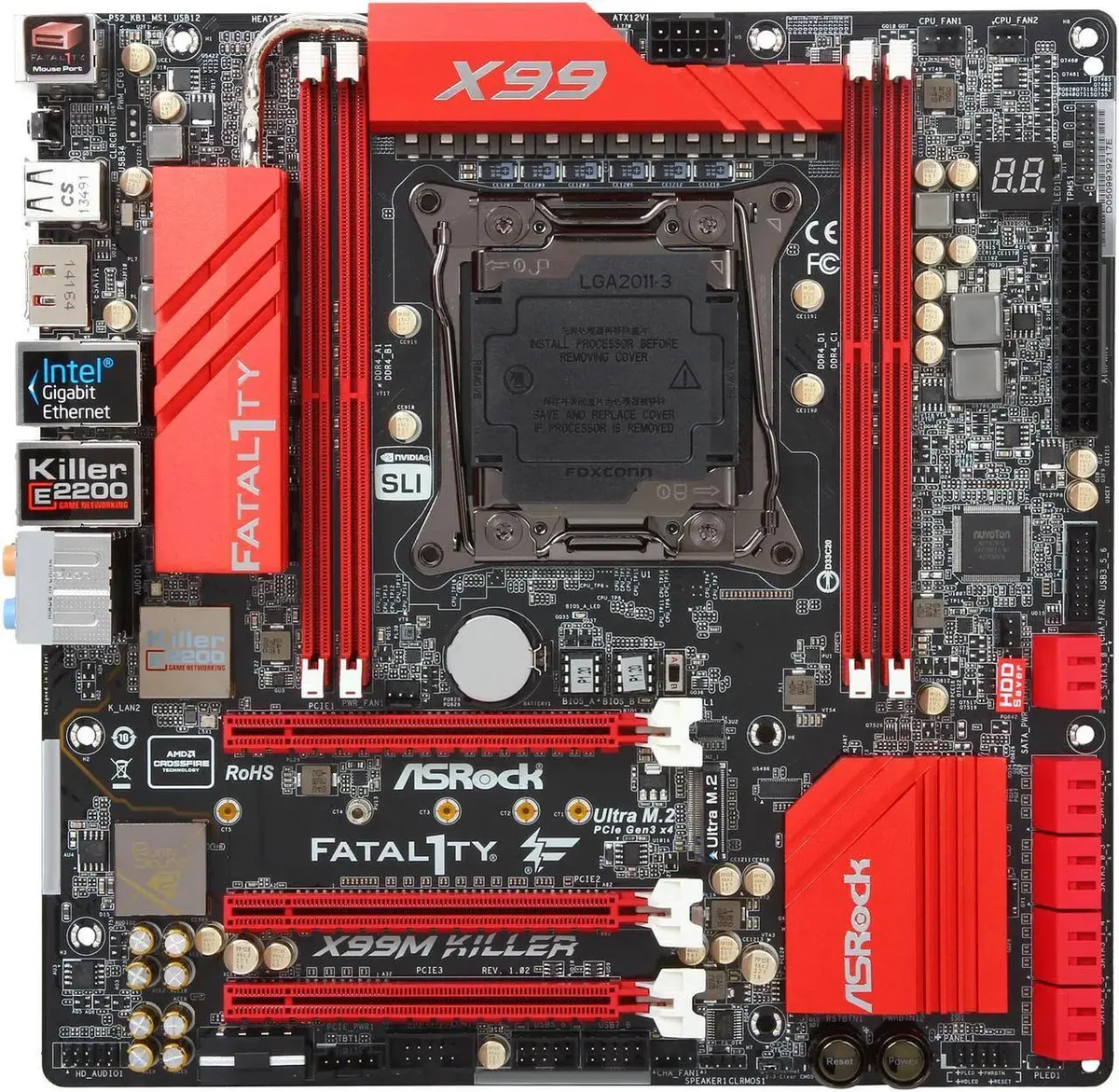 Micro ATX motherboard black PCB red accents LGA 2011-v3 socket four DDR4 slots