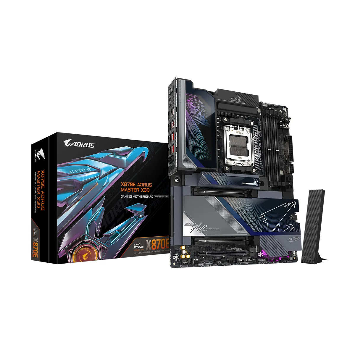 ATX motherboard, black and silver finish, large VRM heatsinks, integrated rear I/O shield